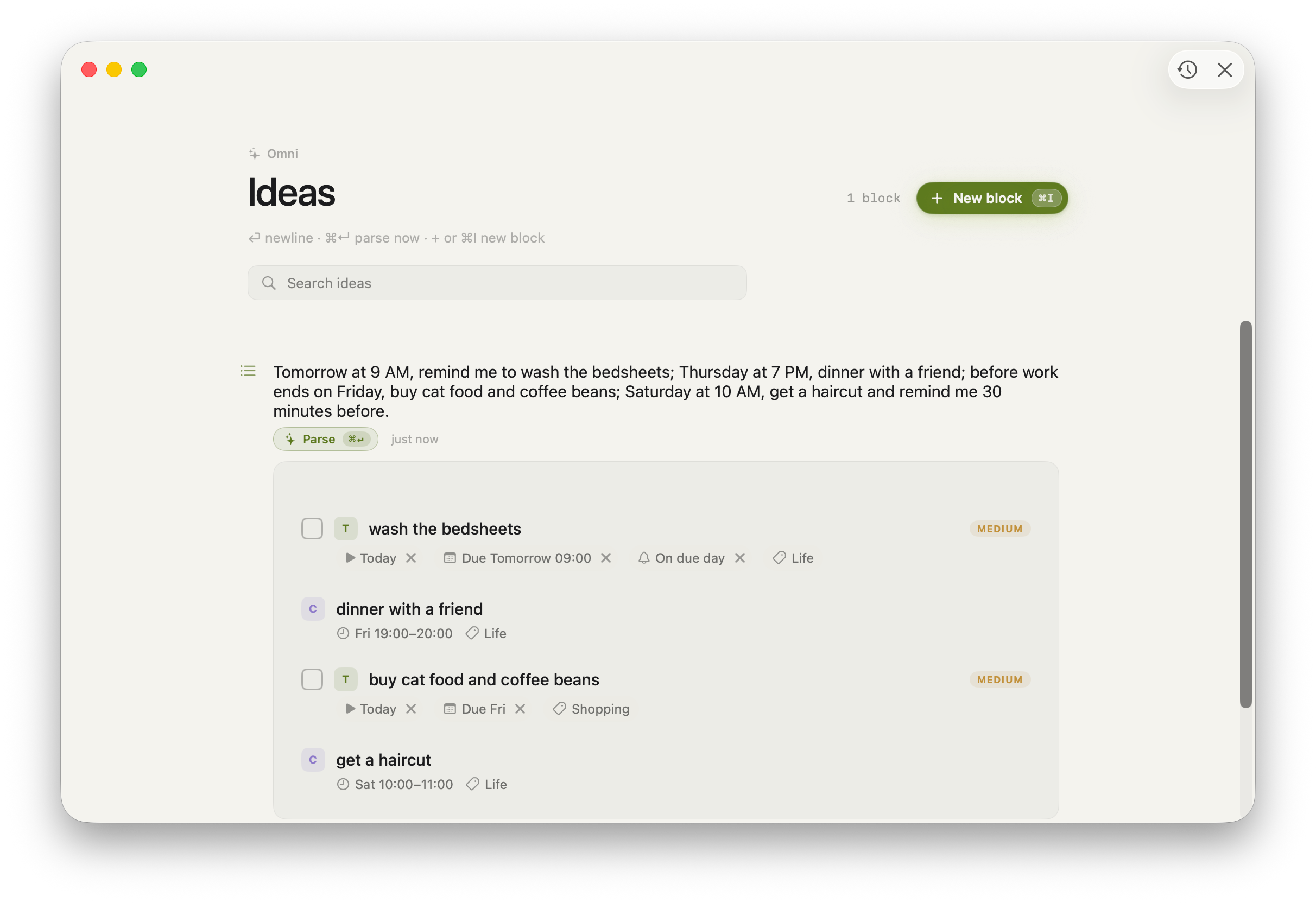 Kenotex Mac with the Ideas overlay open over the sidebar